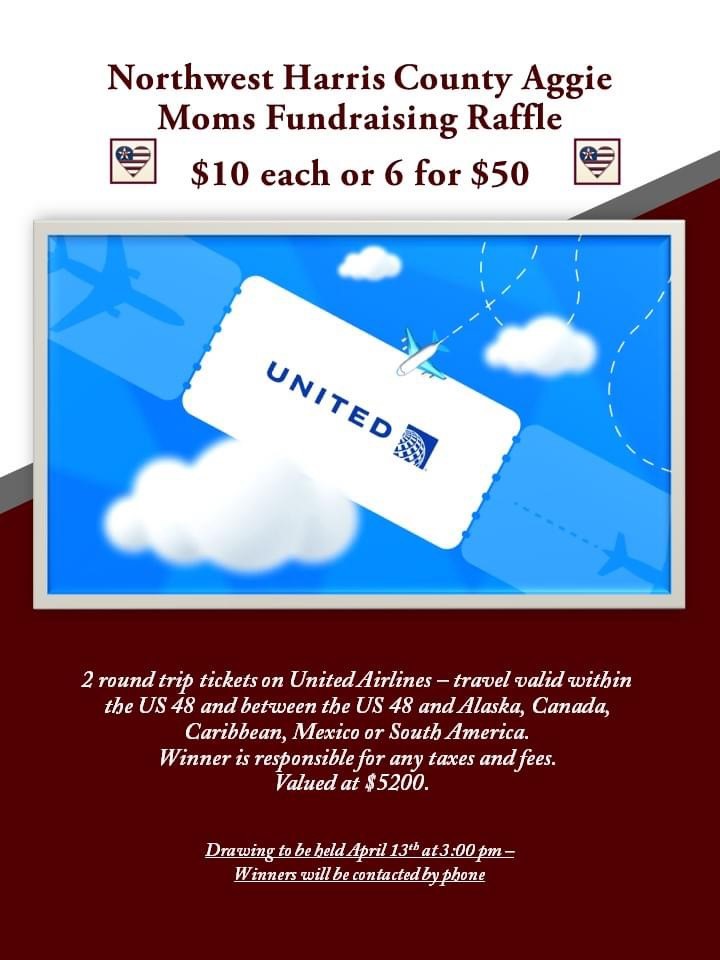 Two round trip tickets on United Airlines! Raffle Ticket - 6 for $50