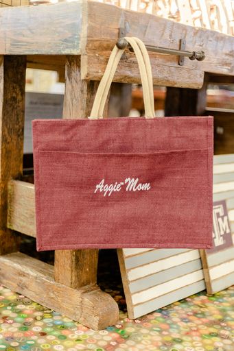 Maroon Aggie Mom Jute Tote